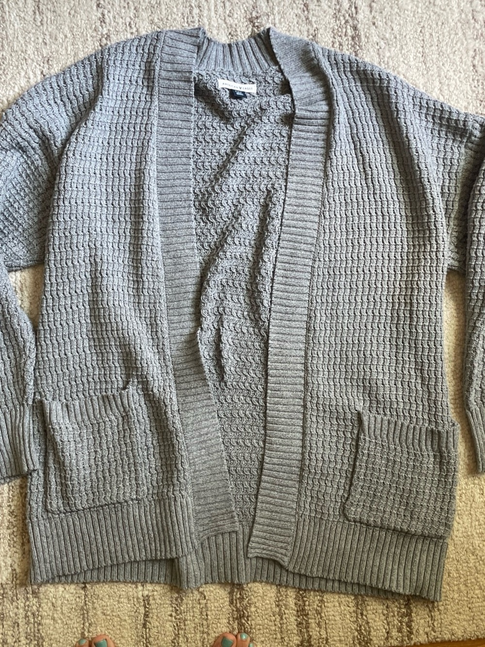 American Eagle Outfitters Gray Open-Front Waffle Knit Cardigan